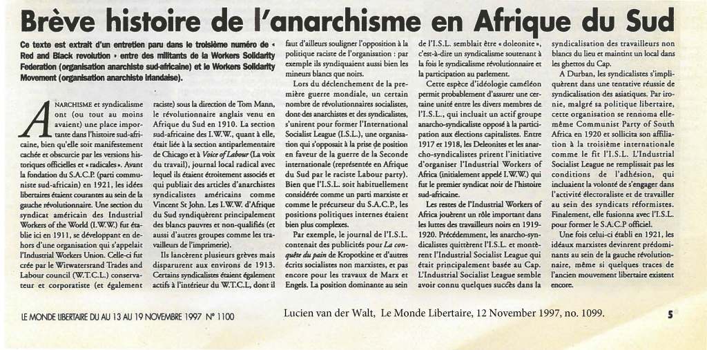 van der Walt - Breve Histoire de l'anarchisme en Afrique du Sud [1997]