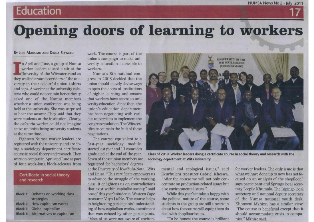 NUMSA News 2011 - article on Wits NUMSA course